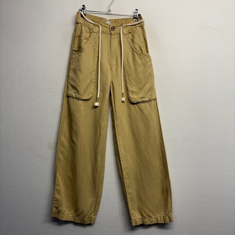 joie wide leg pants lyocell linen blend 2‎ butter yellow rope belt pockets